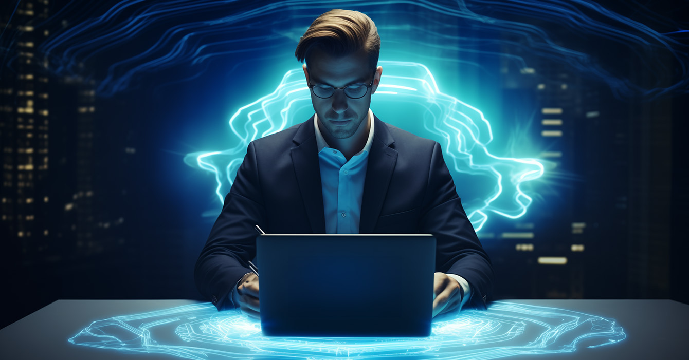 A cartoonish graphic or an man on his laptop